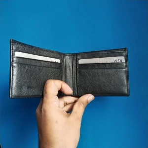 Elegant black pure cow leather bi-fold compect wallet